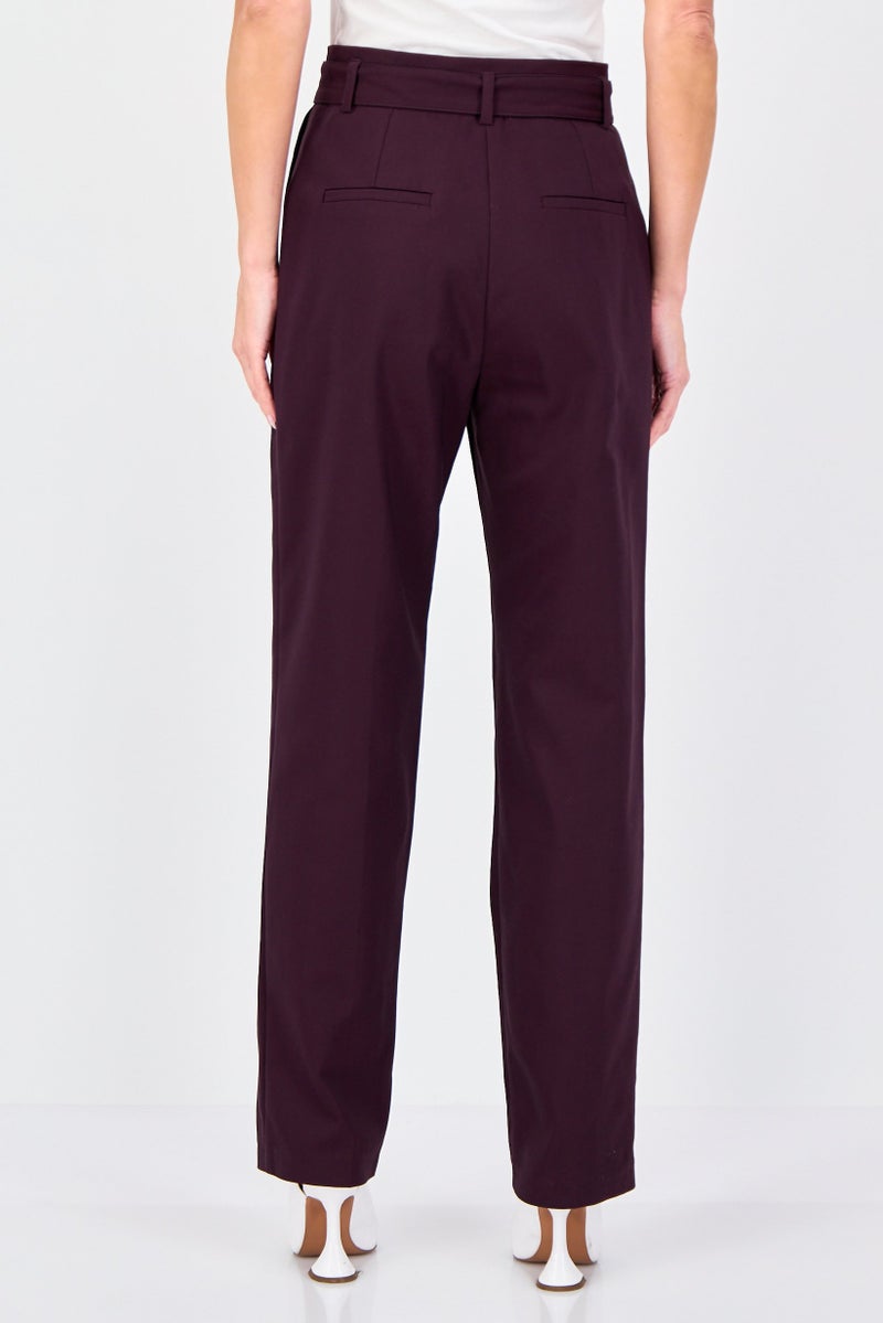 promod Women Regular Fit Plain Belted Straight Pants, Purple - Image 3